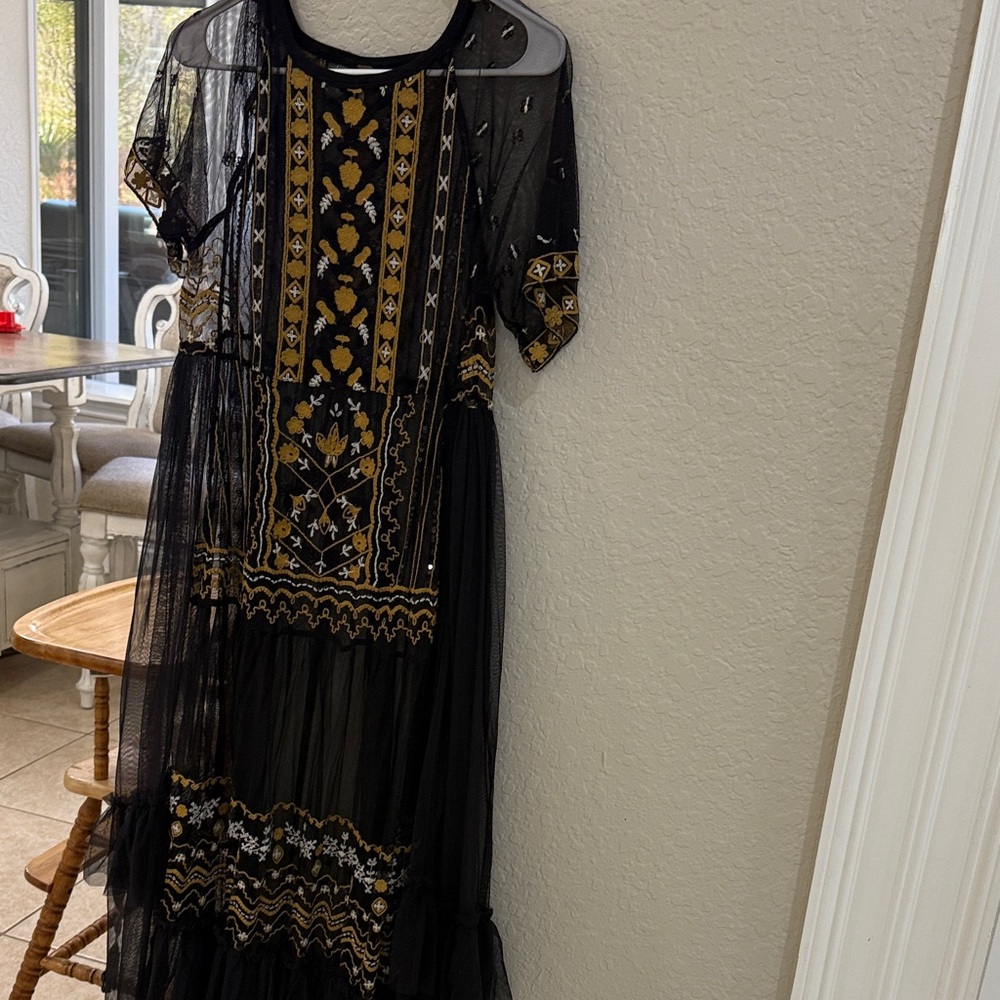 Free People Black Dress with Gold Embroidery